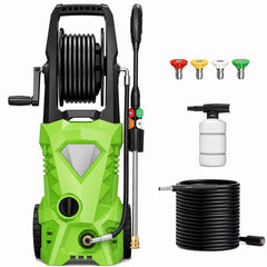 Imdot pressure washer front view showing controls and portability for easy storage
