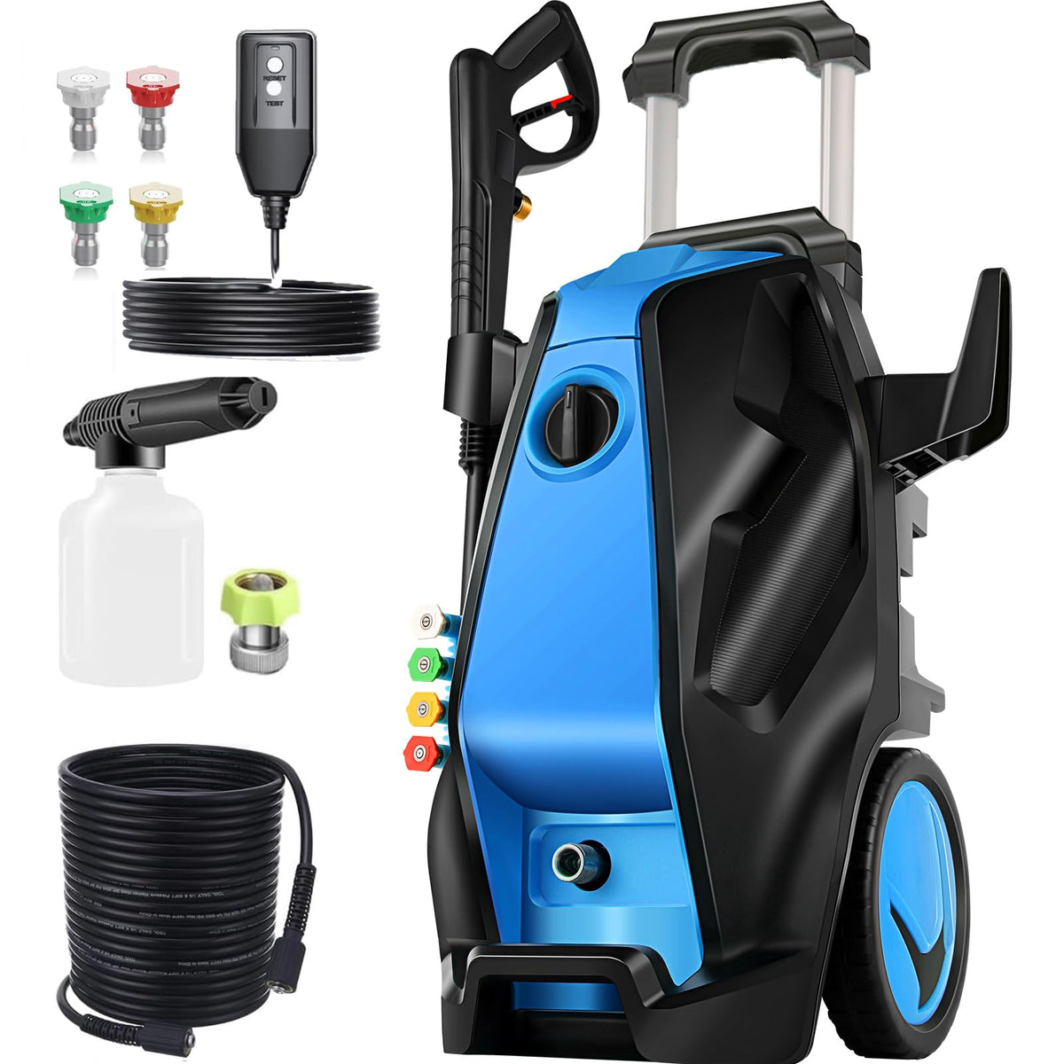 Imdot front view of blue pressure washer showing compact design and portability benefits