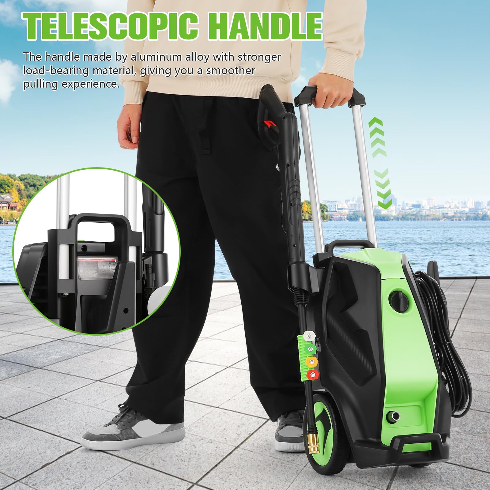 Imdot pressure washer cleaning driveway in lifestyle outdoor setting