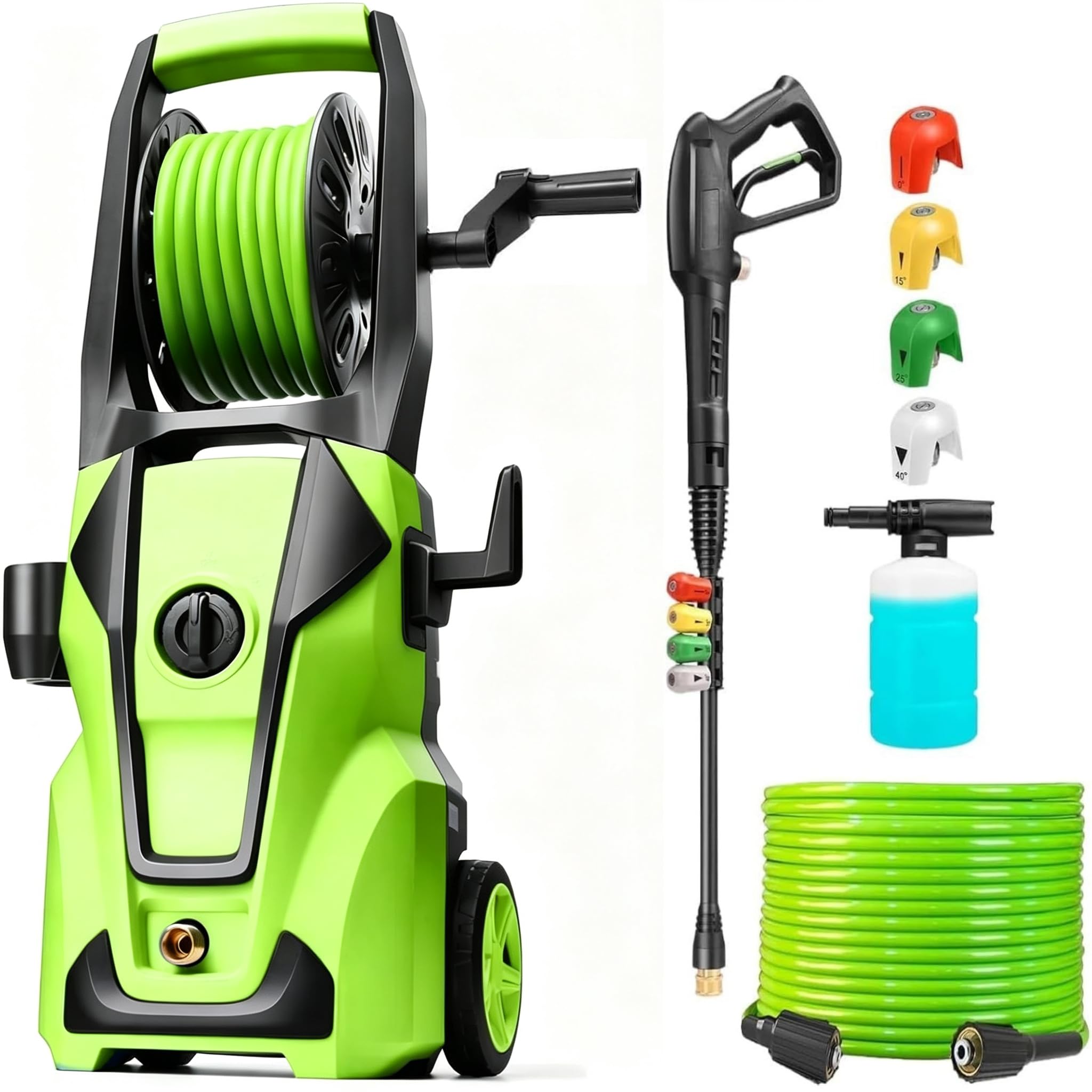 Imdot front view showing compact unit and hose reel for easy storage