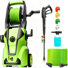 Imdot front view showing compact unit and hose reel for easy storage