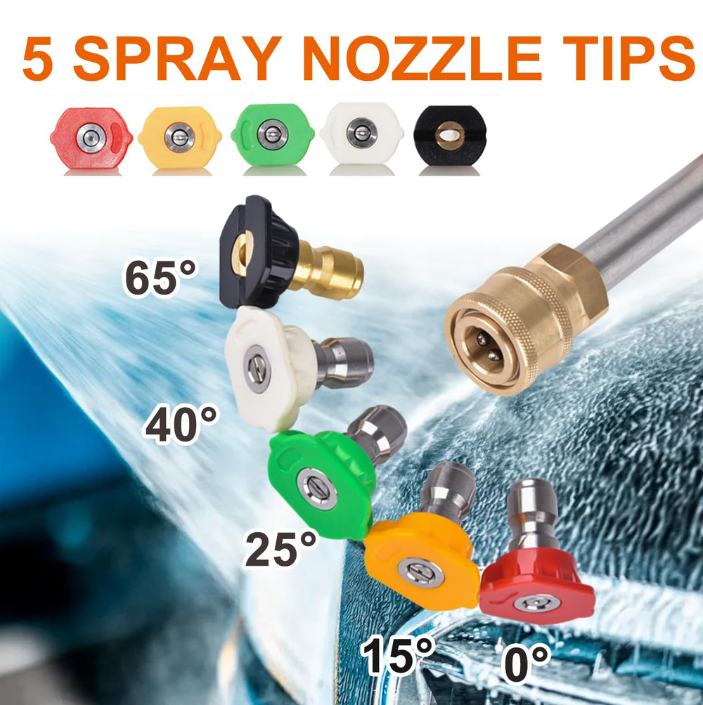 iMeshbean five spray nozzle tips laid out showing quick-change versatility benefit