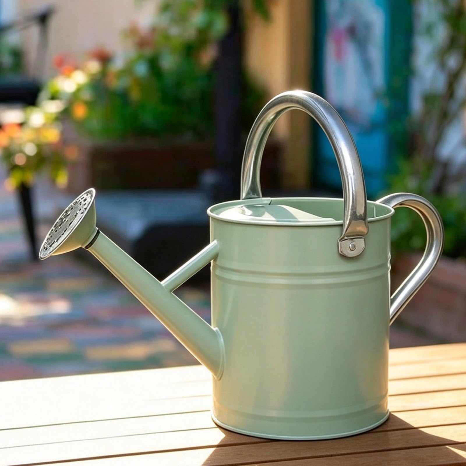 IMIMHOME cream green watering can on balcony showing decorative utility