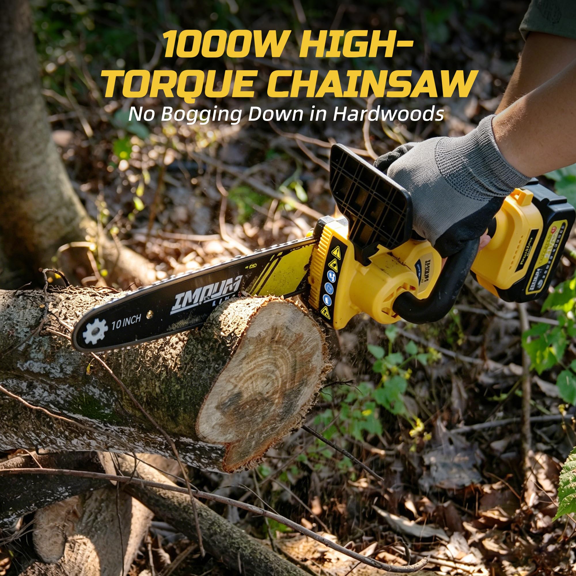 IMOUMLIVE close-up of 10-inch guide bar showing durable cutting surface