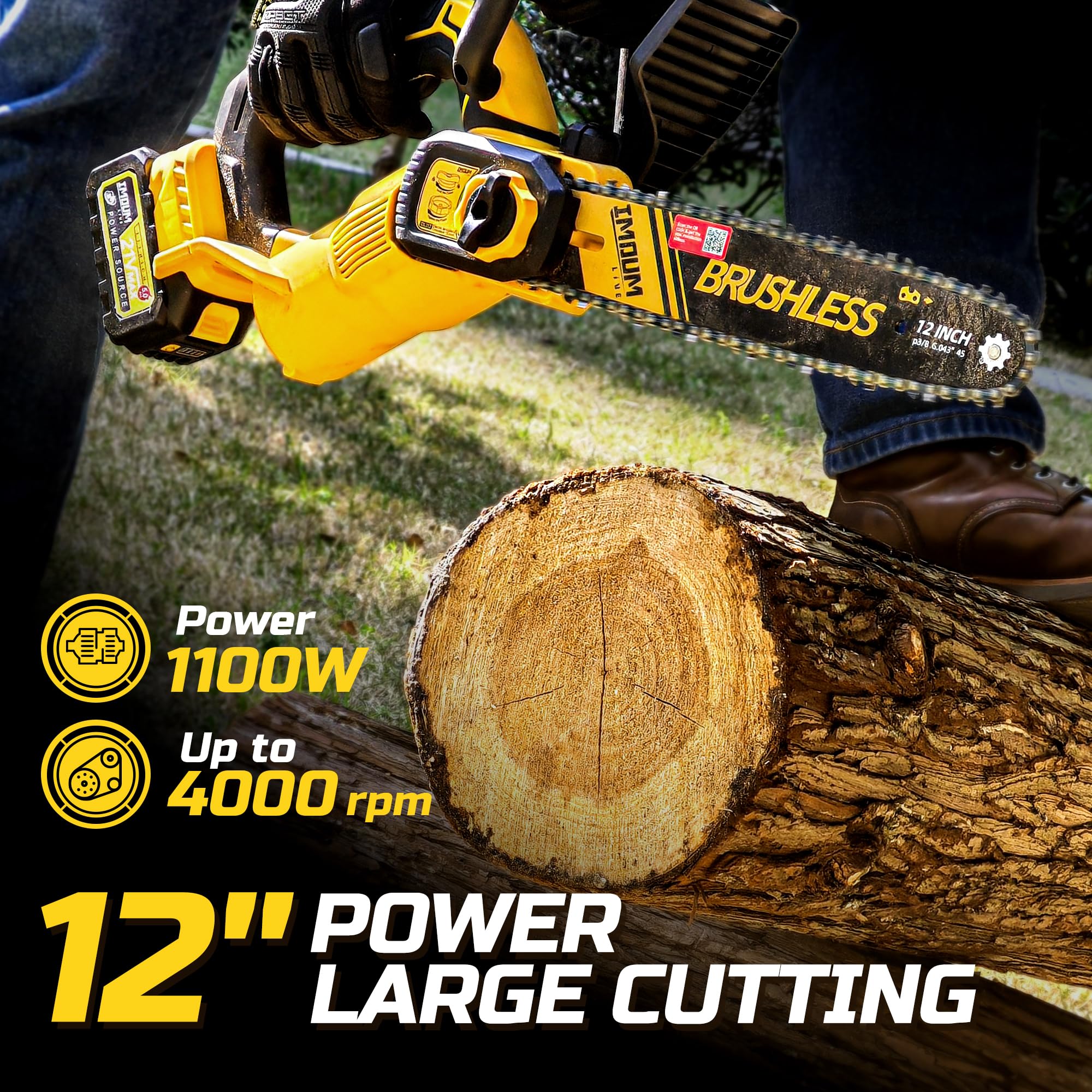 IMOUMLIVE close-up of chain and bar showing sharp durable cutting performance