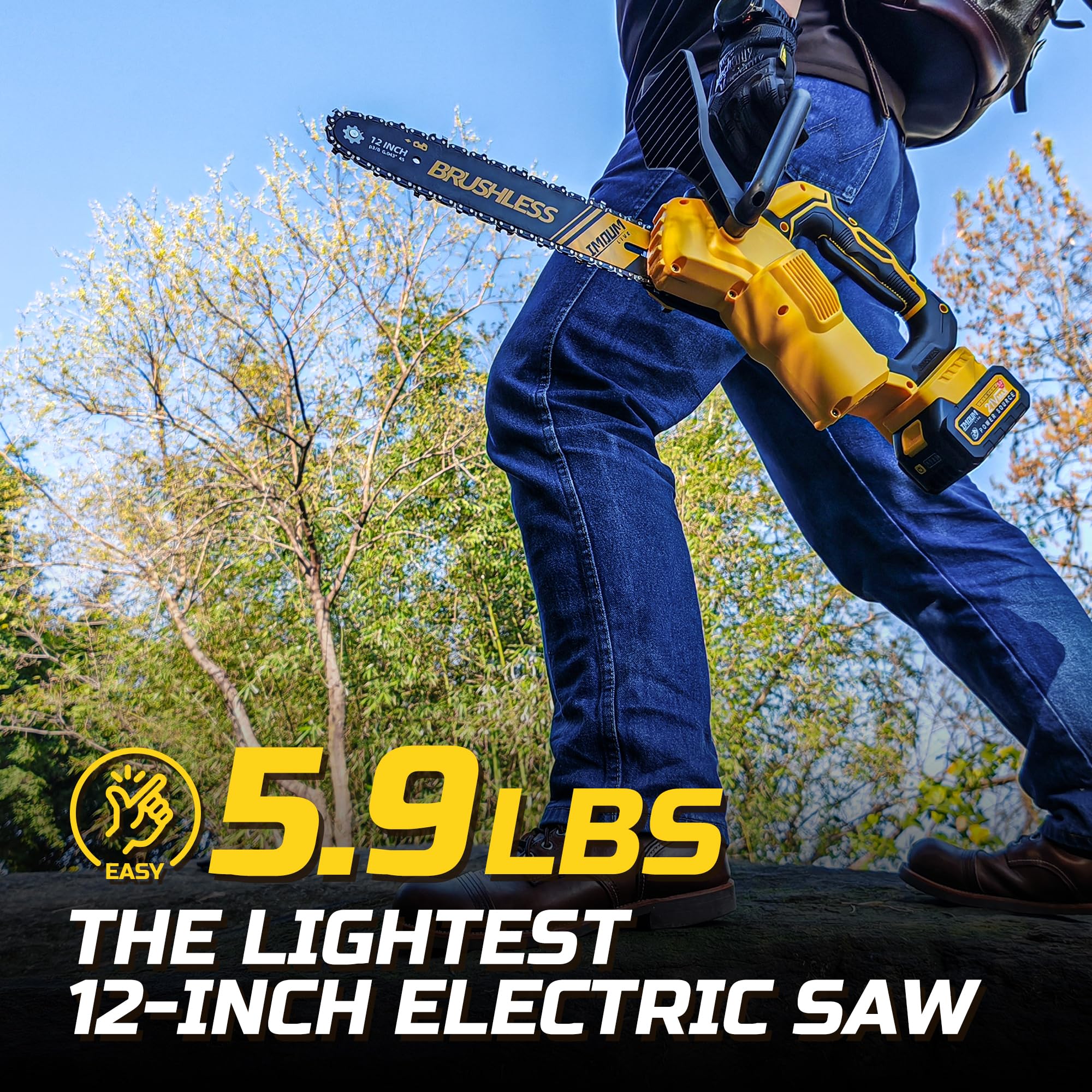IMOUMLIVE chainsaw in use cutting branch demonstrating fast efficient cuts