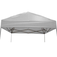 IMPACT canopy front view showing full light grey top and clean valance, durable shade