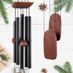 Implication wind chime front view showing full 36-inch silhouette and elegant black finish benefit: clear visual of size