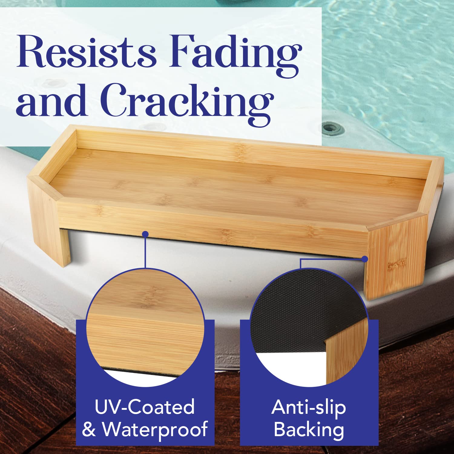 IMPRESA tray in use with drinks and book on spa rim benefit: keeps essentials within reach