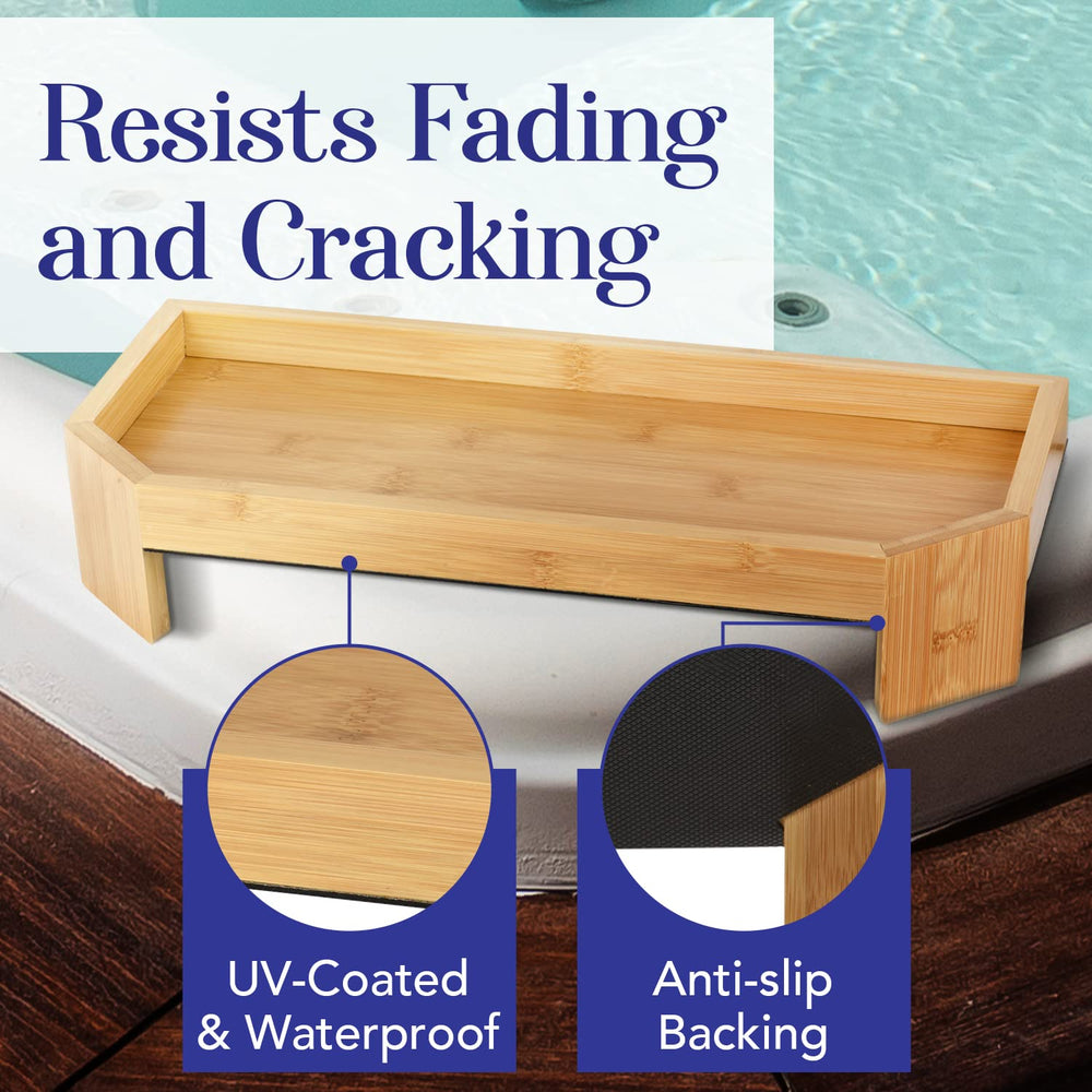 IMPRESA tray in use with drinks and book on spa rim benefit: keeps essentials within reach