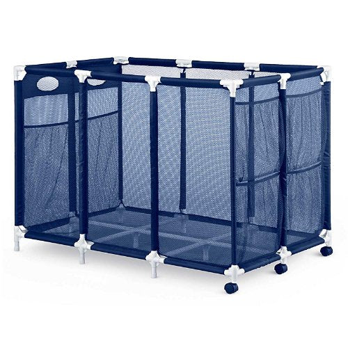 Improvements pool storage bin front view showing mesh and casters for easy organization