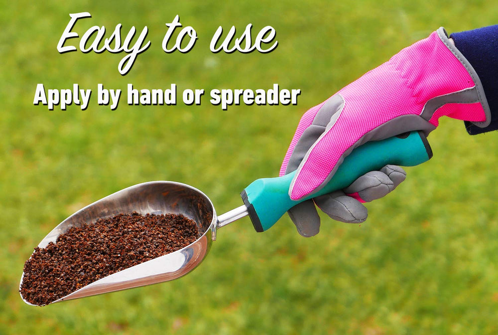 IMUSTGARDEN granules on winter lawn with snow showing year-round protection