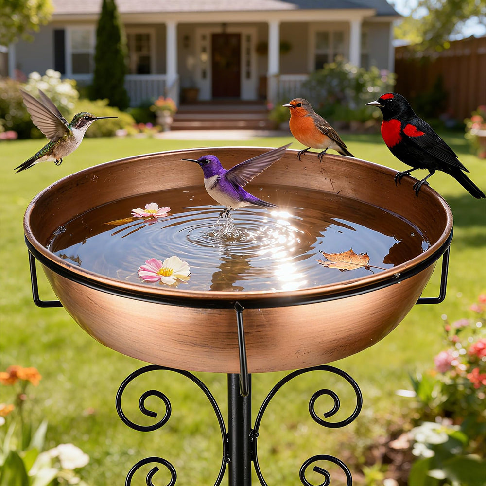 inanil front view of metal bird bath showing elegant design and garden appeal