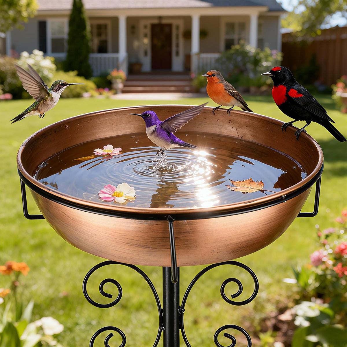 inanil front view of metal bird bath showing elegant design and garden appeal
