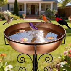 inanil front view of metal bird bath showing elegant design and garden appeal