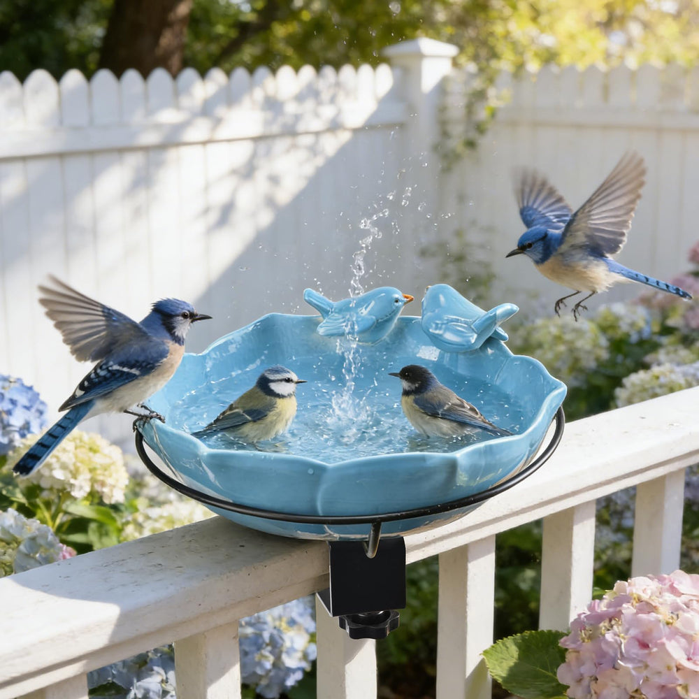 inanil front view of blue ceramic bird bath showing welcoming design and easy installation