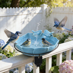 inanil front view of blue ceramic bird bath showing welcoming design and easy installation
