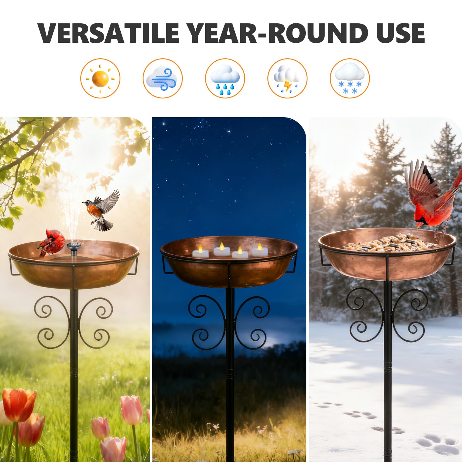 inanil bird bath with floating LEDs creating ambient backyard lighting