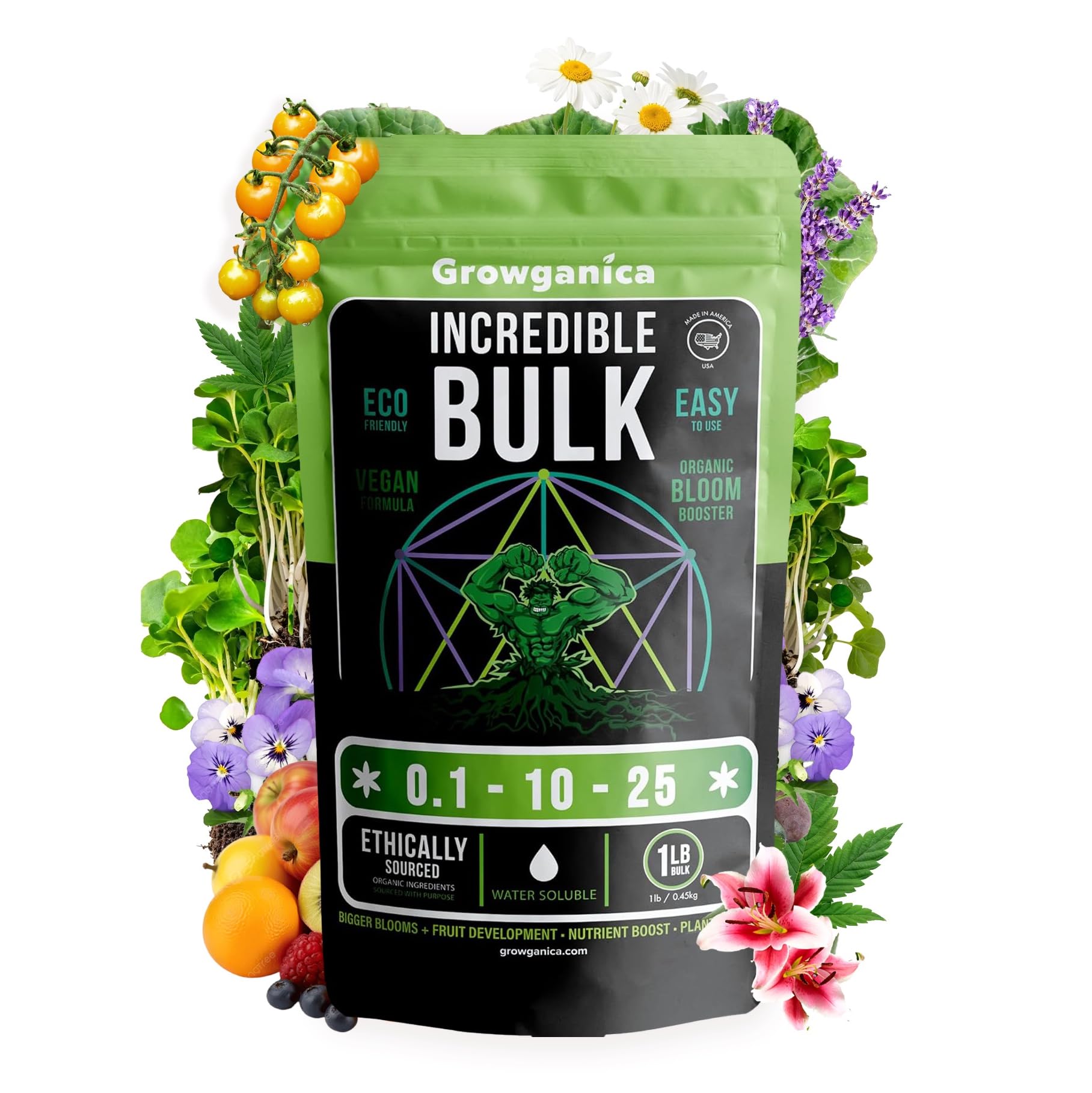 Incredible Bulk front packaging shows 1 lb organic bloom booster for vibrant blooms