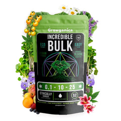 Incredible Bulk front packaging shows 1 lb organic bloom booster for vibrant blooms