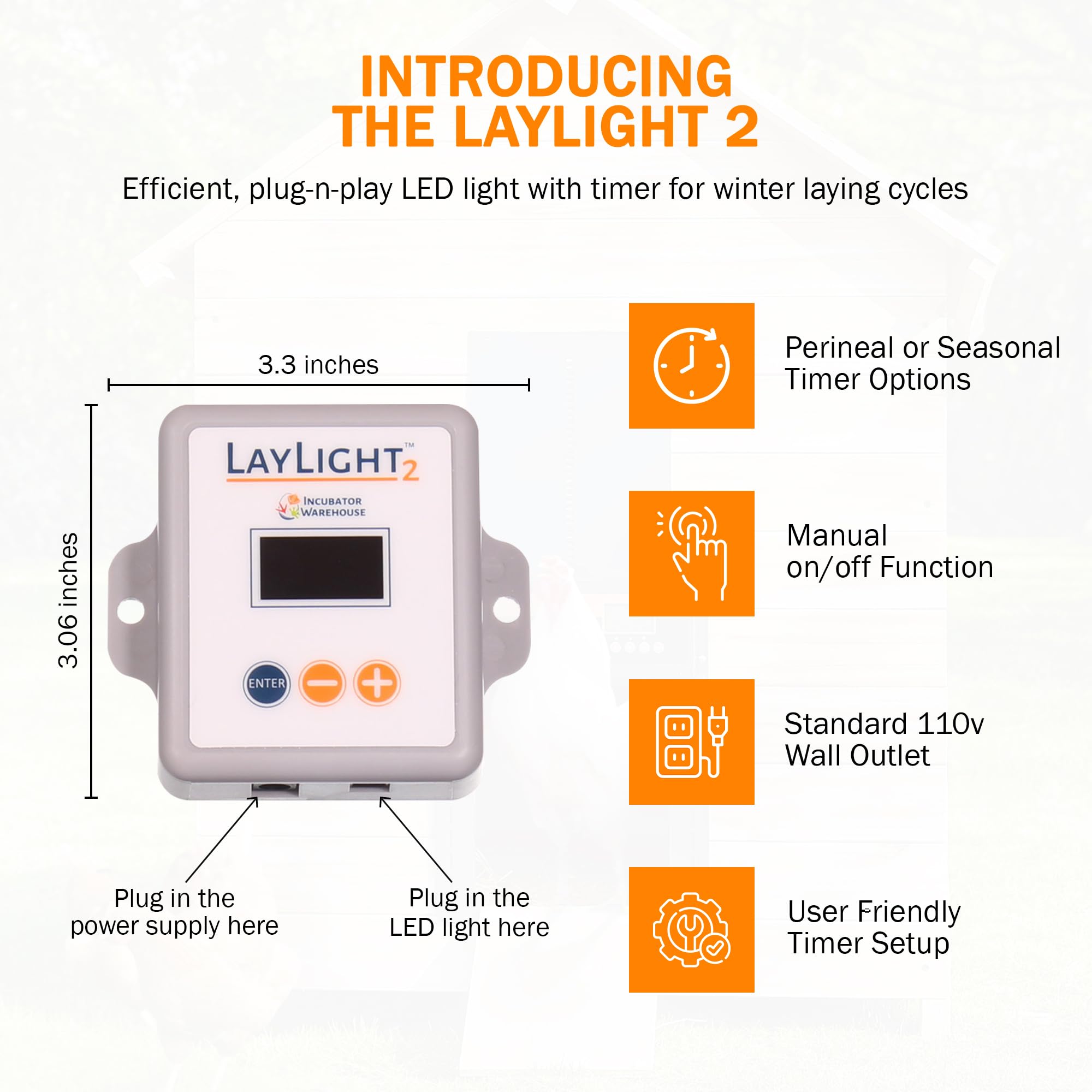 Incubator Warehouse LayLight2 timer display with buttons for simple programmable scheduling