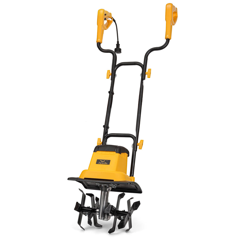 IncwBo front view of 12 inch electric tiller showing compact power and quick bed prep