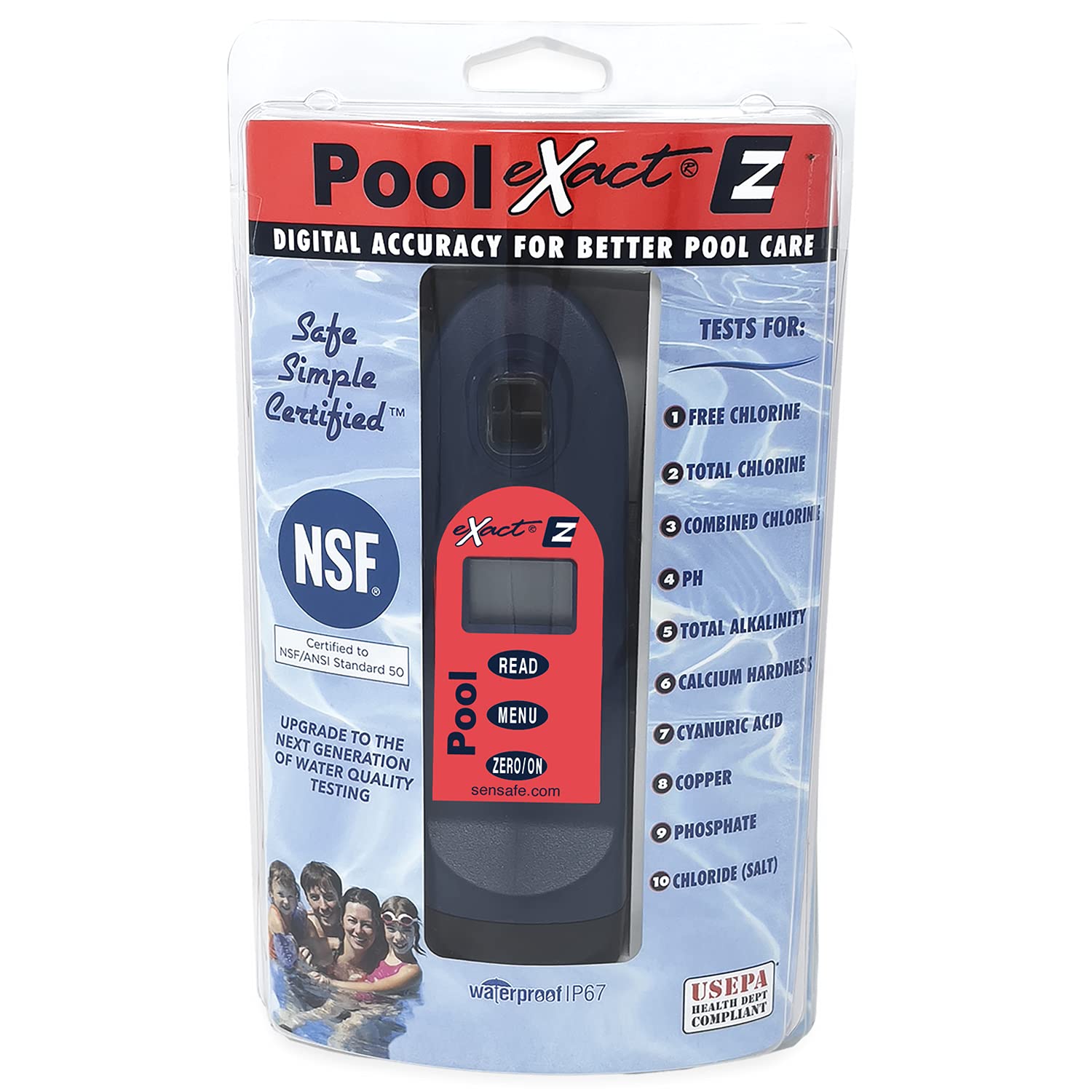 Industrial Test Systems Pool eXact EZ front view showing compact photometer and benefit of accurate readings