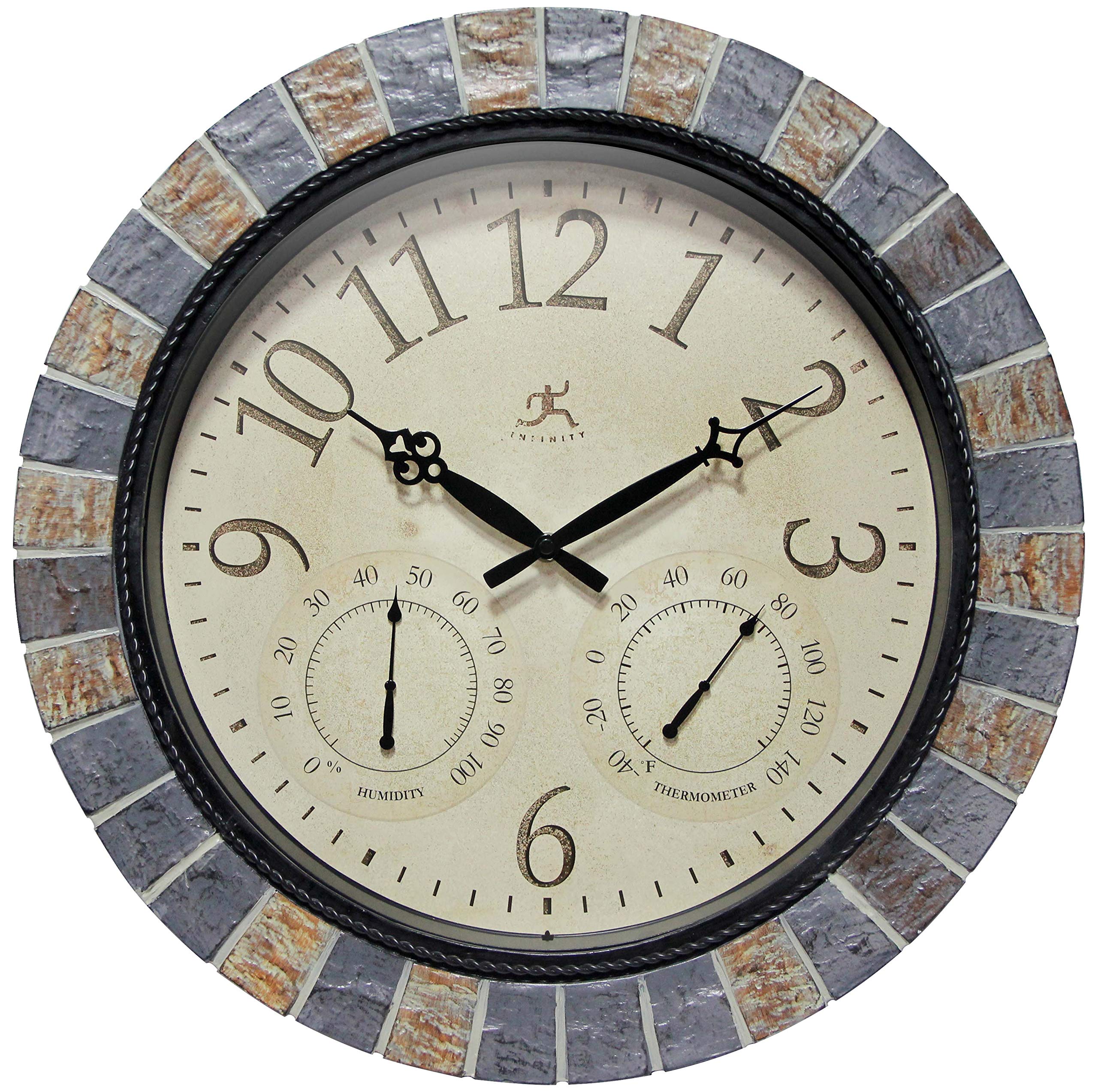 Infinity Instruments front view showing clock thermometer hygrometer benefits outdoor timekeeping