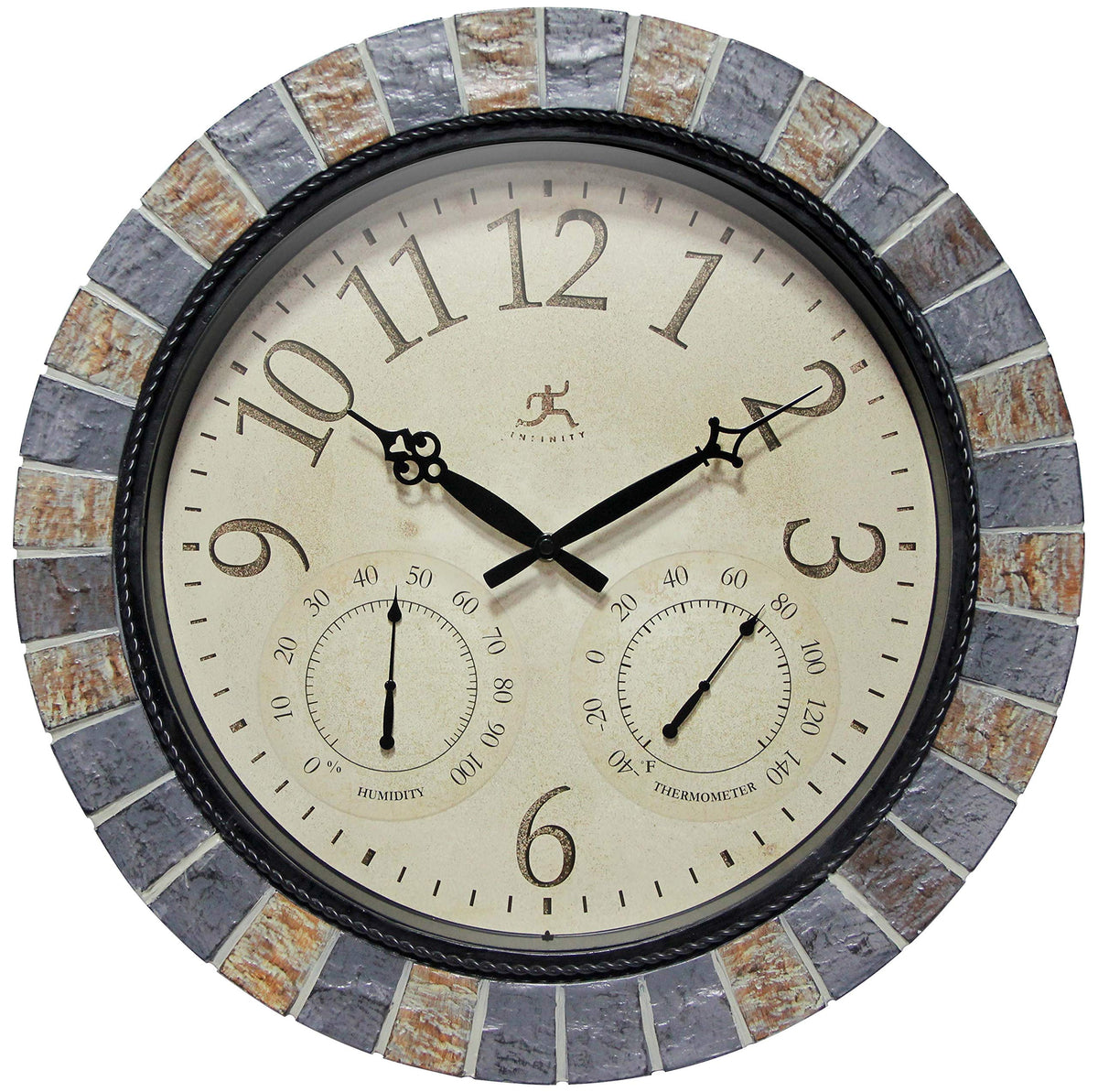 Infinity Instruments front view showing clock thermometer hygrometer benefits outdoor timekeeping