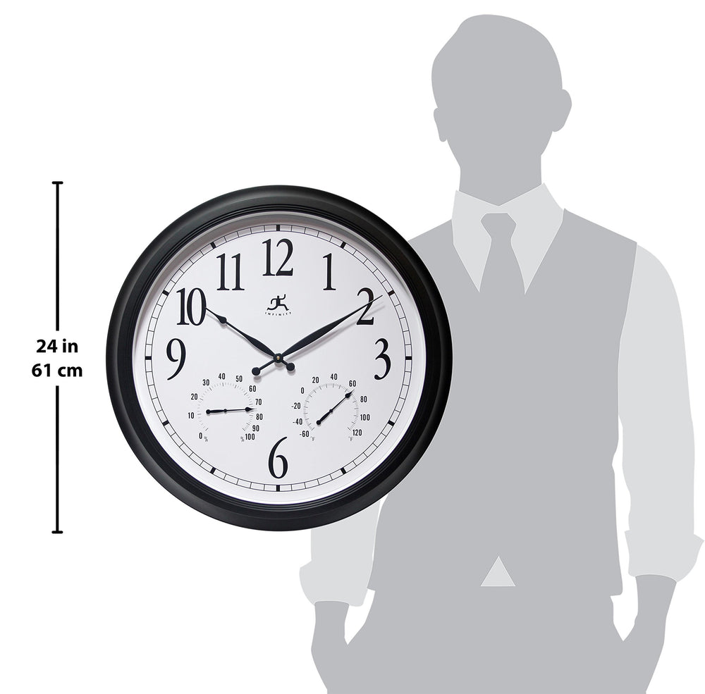 Infinity Instruments clock mounted on a patio wall, enhancing outdoor decor