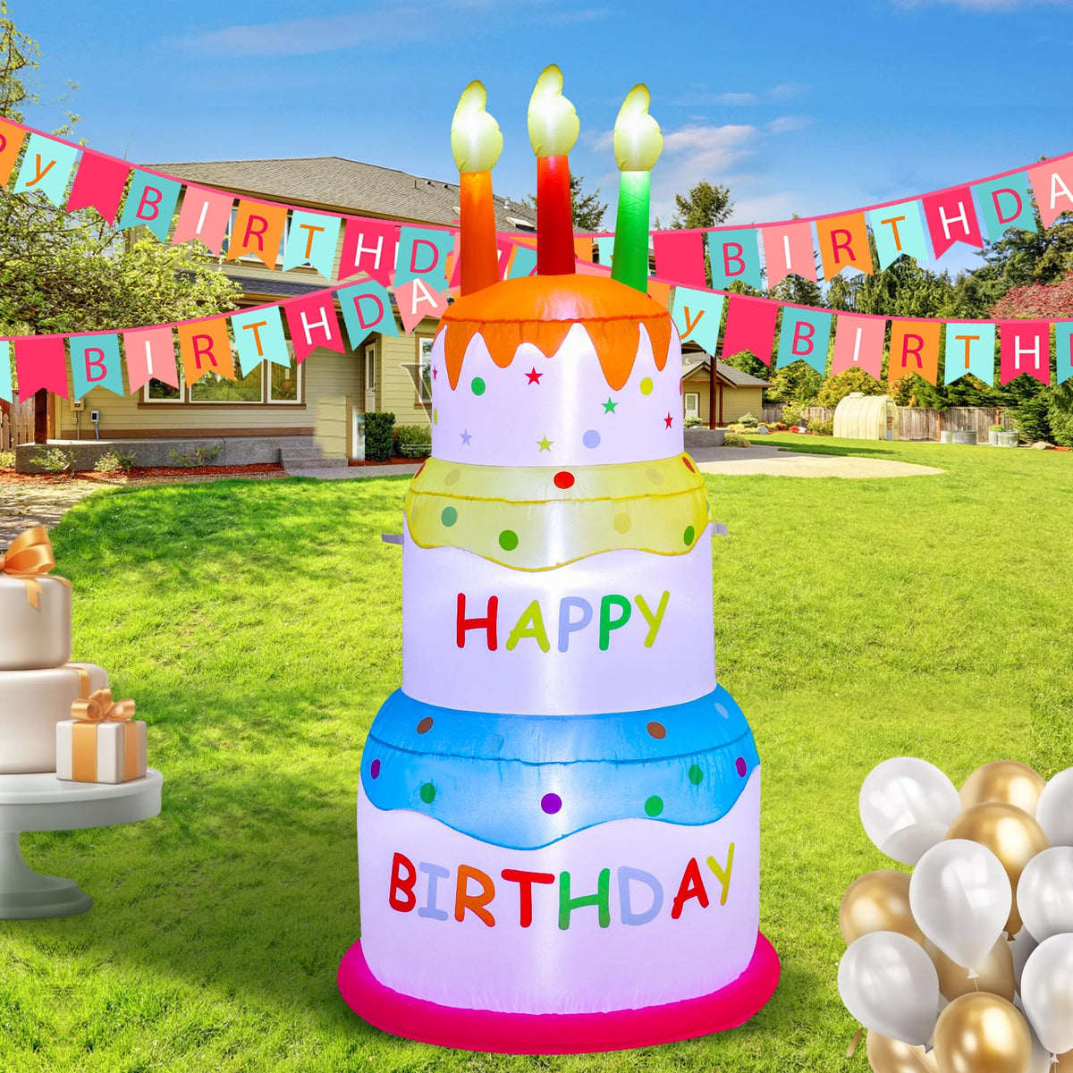 InfleasJoiy front view of six-foot cake, bright party centerpiece