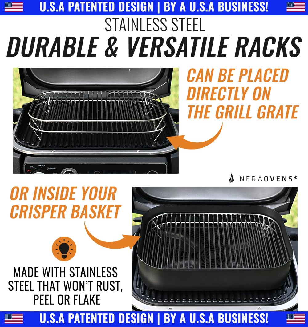 INFRAOVENS racks placed on grill grate offering more simultaneous cooking