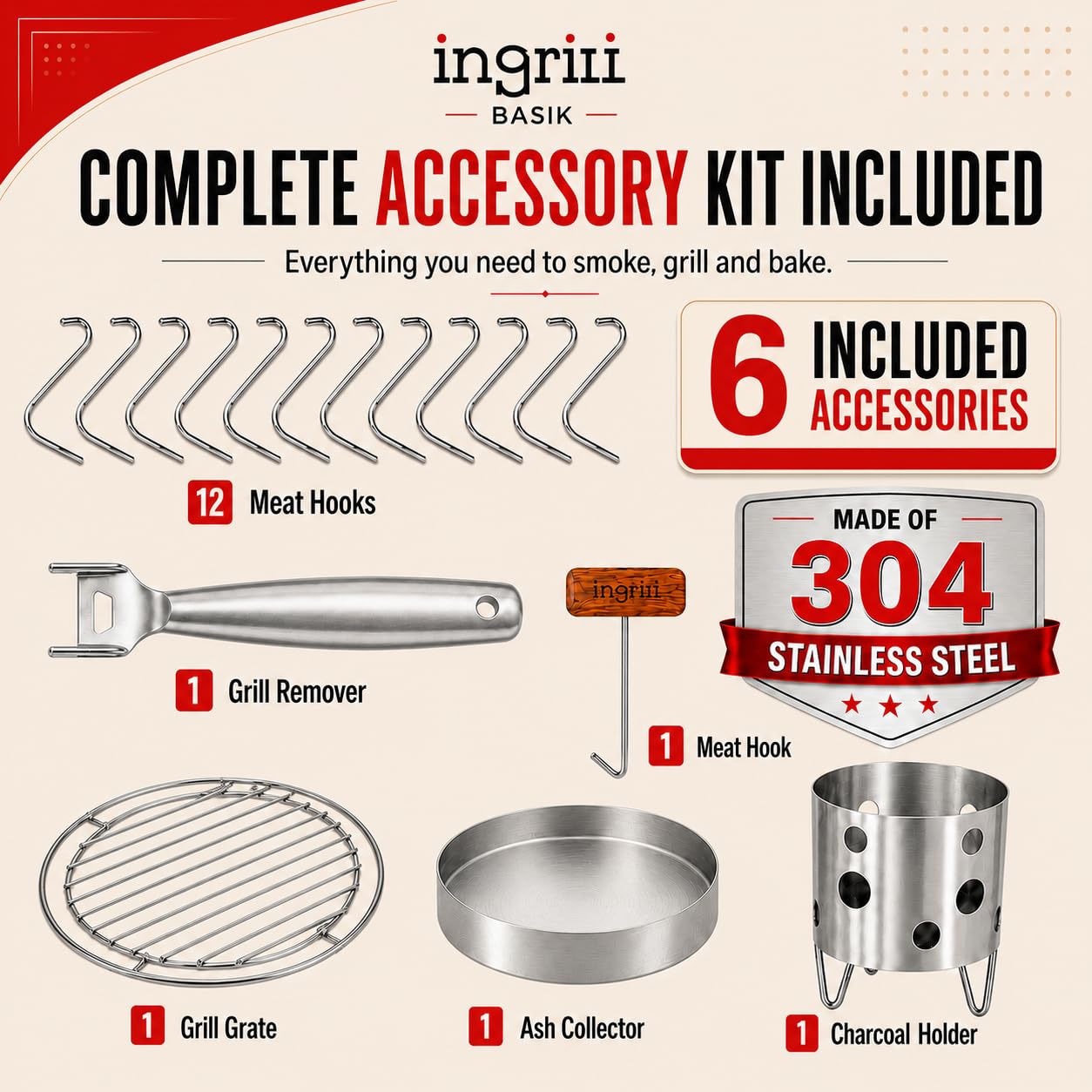 INGRILL included accessory kit laid out for convenient grilling and smoking