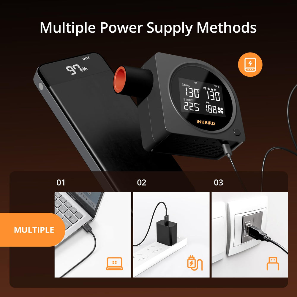 Inkbird controller powered by a USB power bank for portable outdoor use