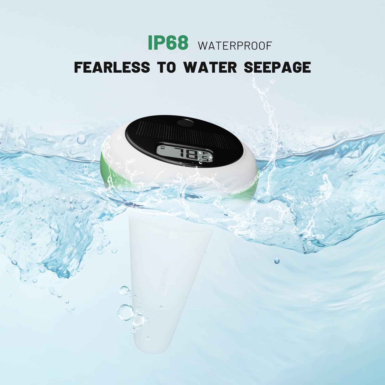 Inkbird floating thermometer drifting in a pool for hands-free water temperature checks