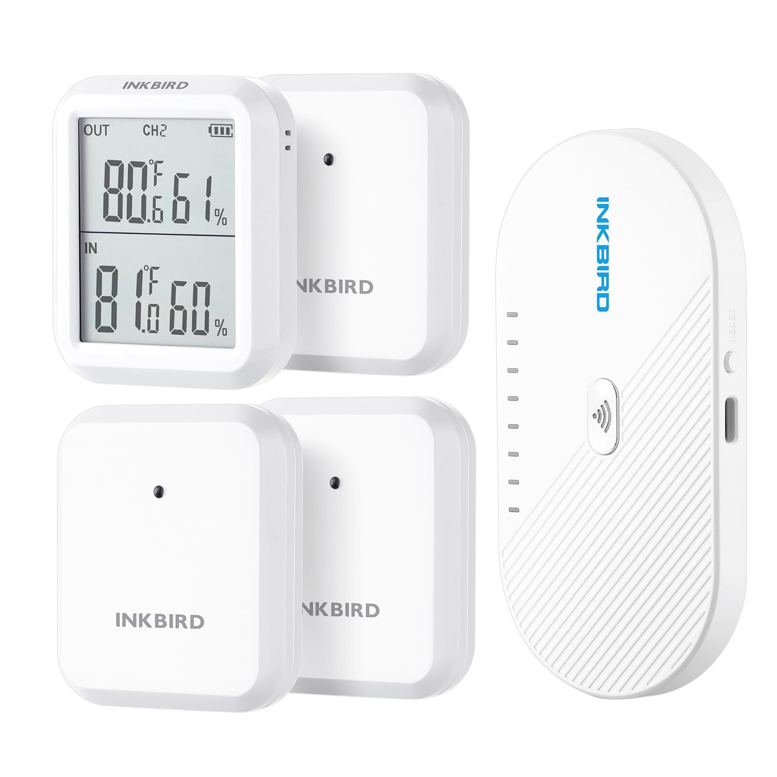 Inkbird front packaging showing gateway and three sensors for convenient monitoring