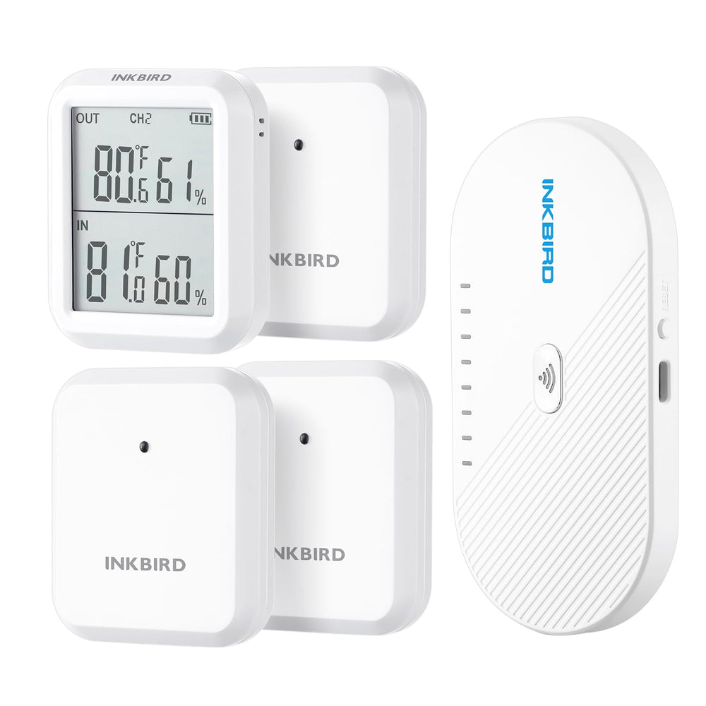 Inkbird front packaging showing gateway and three sensors for convenient monitoring