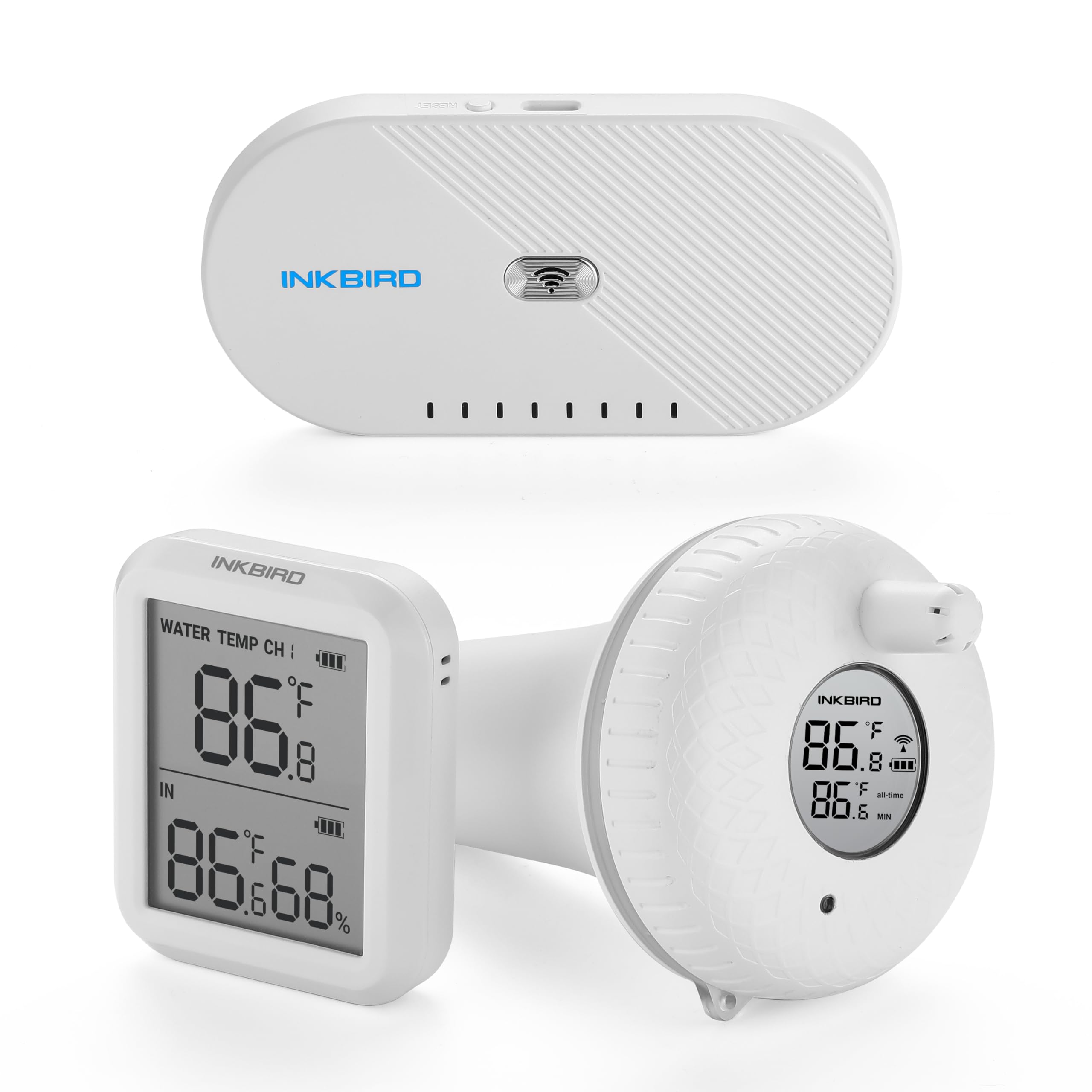 Inkbird gateway and floating thermometer front view showing compact design and remote monitoring benefit