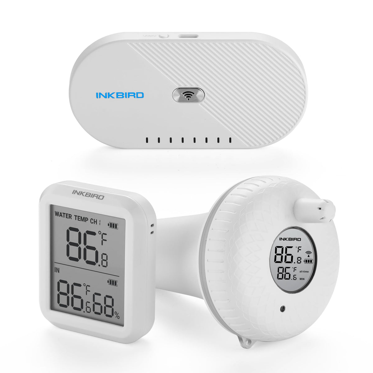Inkbird gateway and floating thermometer front view showing compact design and remote monitoring benefit