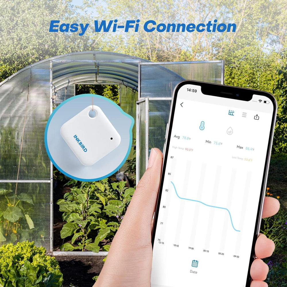 Inkbird IBS‑TH3 paired with the INKBIRD app on phone showing remote alerts benefit: instant notifications