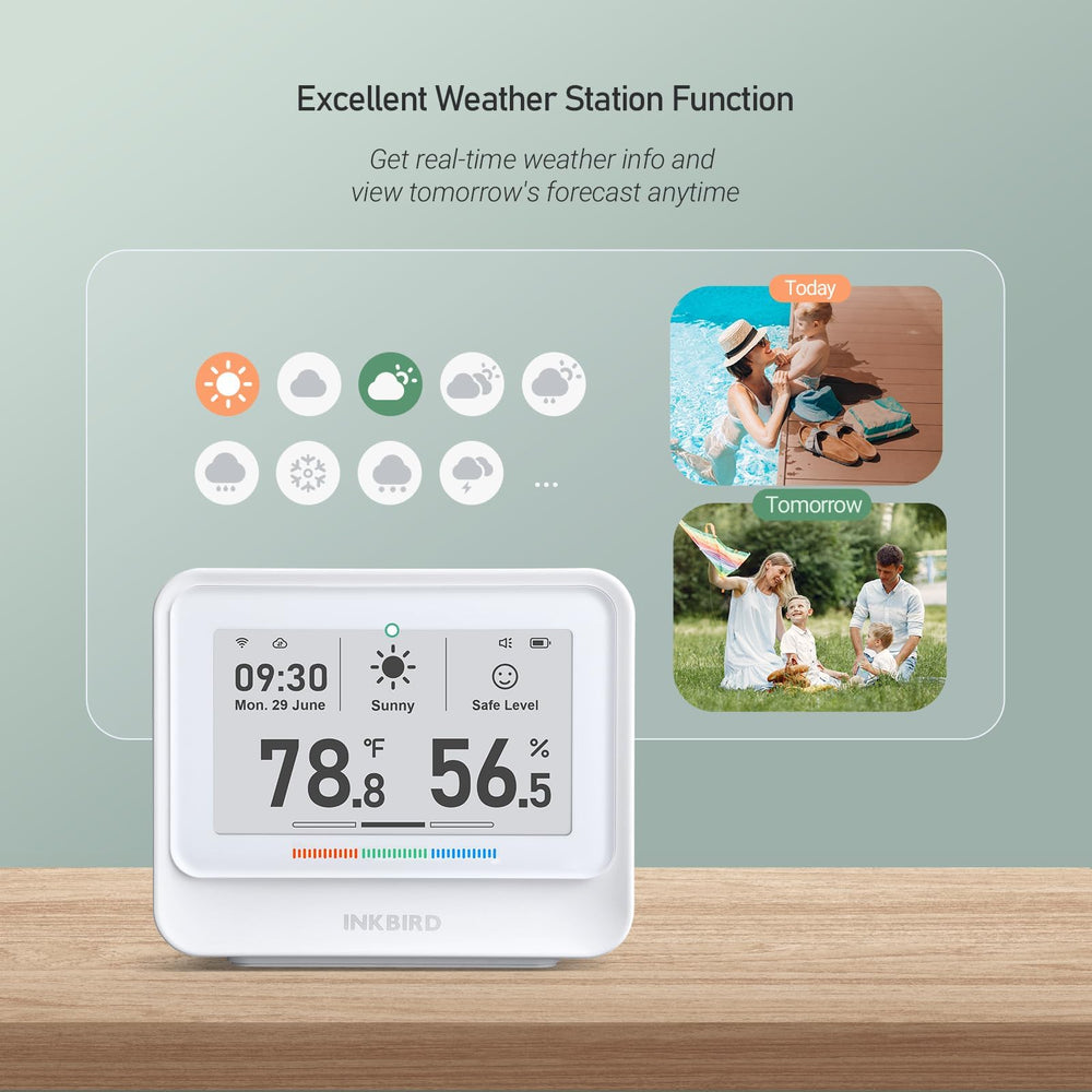 Inkbird IBS-TH5 on shelf in living room illustrating discreet home monitoring benefit
