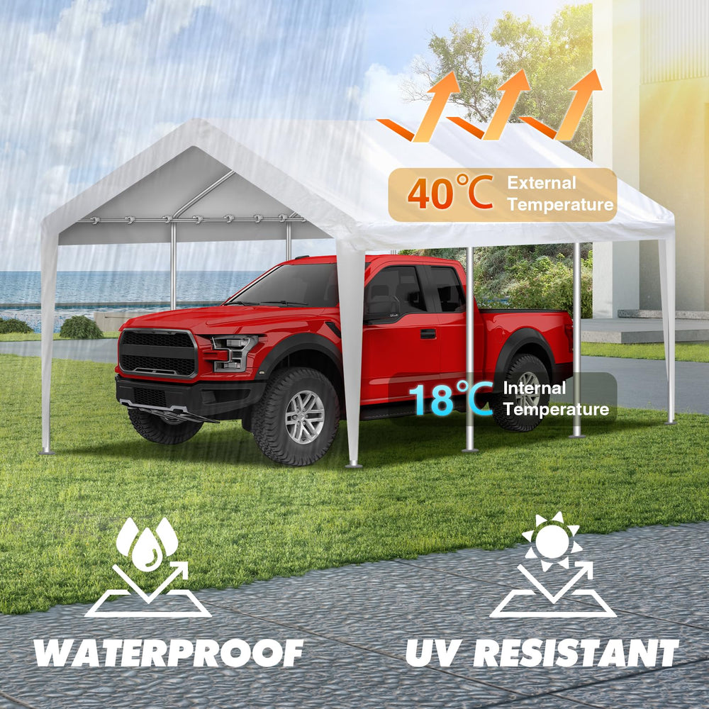 Inmeilifus canopy mounted on frame protecting parked car