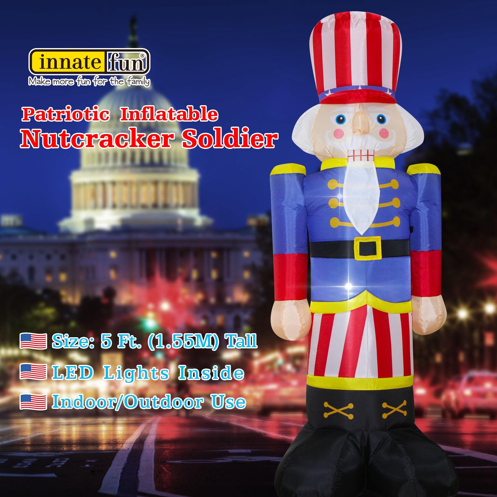 innatefun detailed shot of nutcracker holding American flag and gold epaulettes for holiday flair