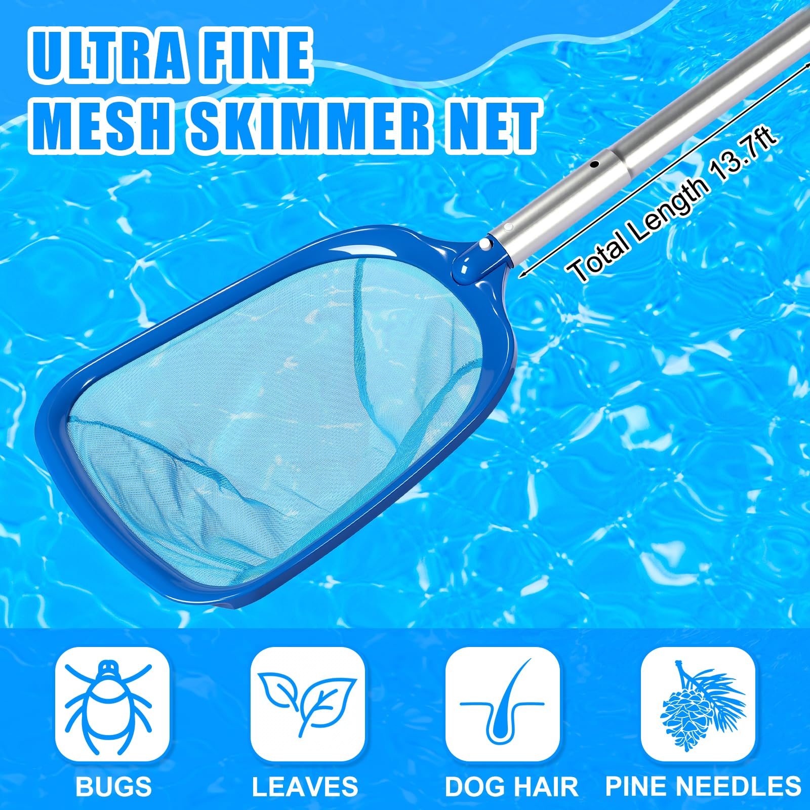 Innconee skimmer net capturing leaves and debris for faster surface cleaning
