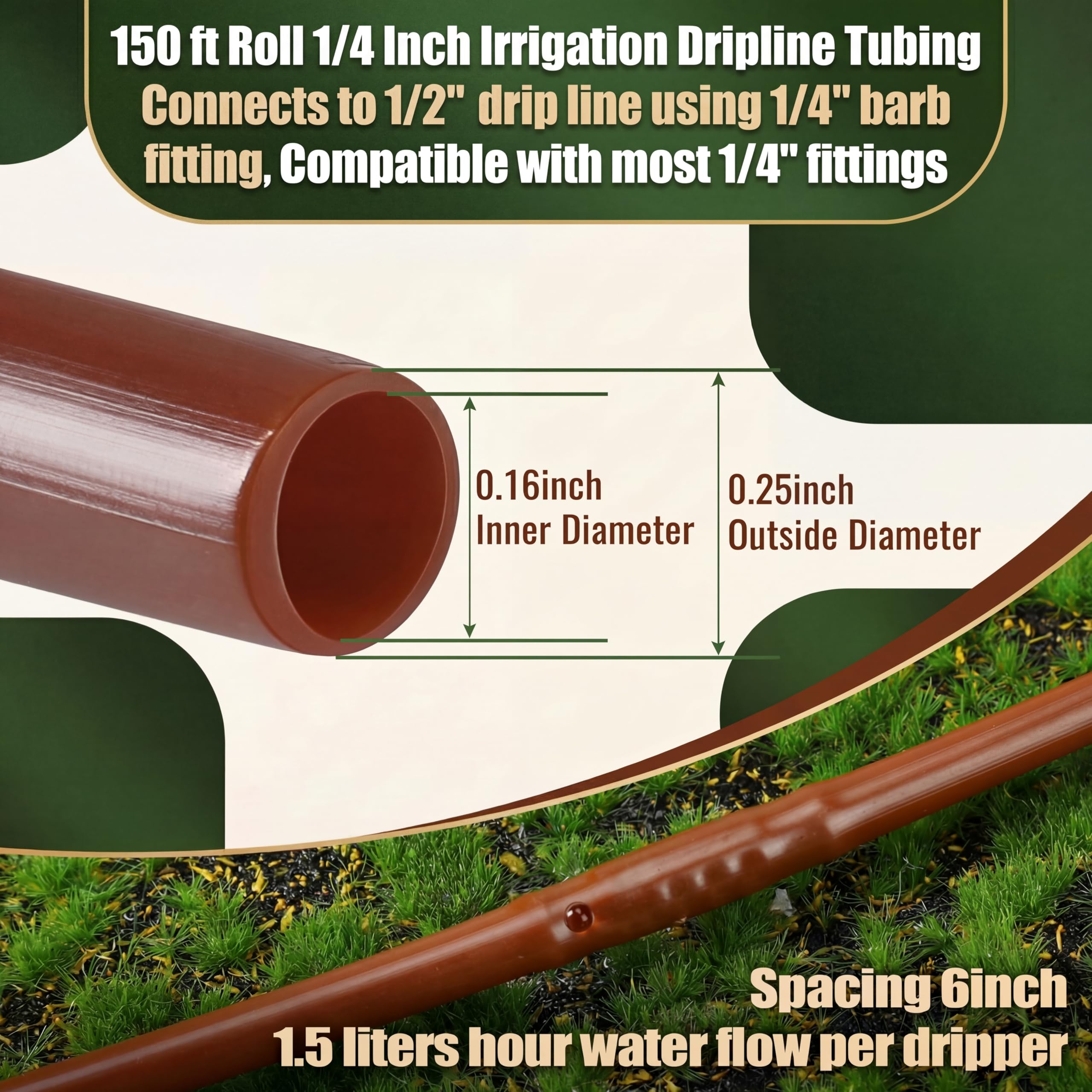 Innconee close-up of 0.4 GPH emitter spacing, highlighting anti-clog design and consistent water distribution