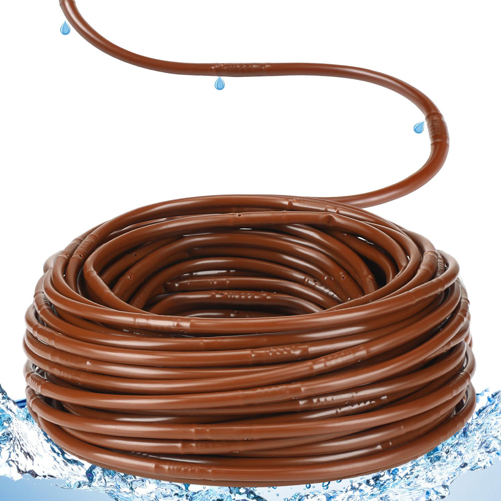 Innconee front view of 150 ft brown drip tubing, showing rolled product and labeling for quick identification and setup
