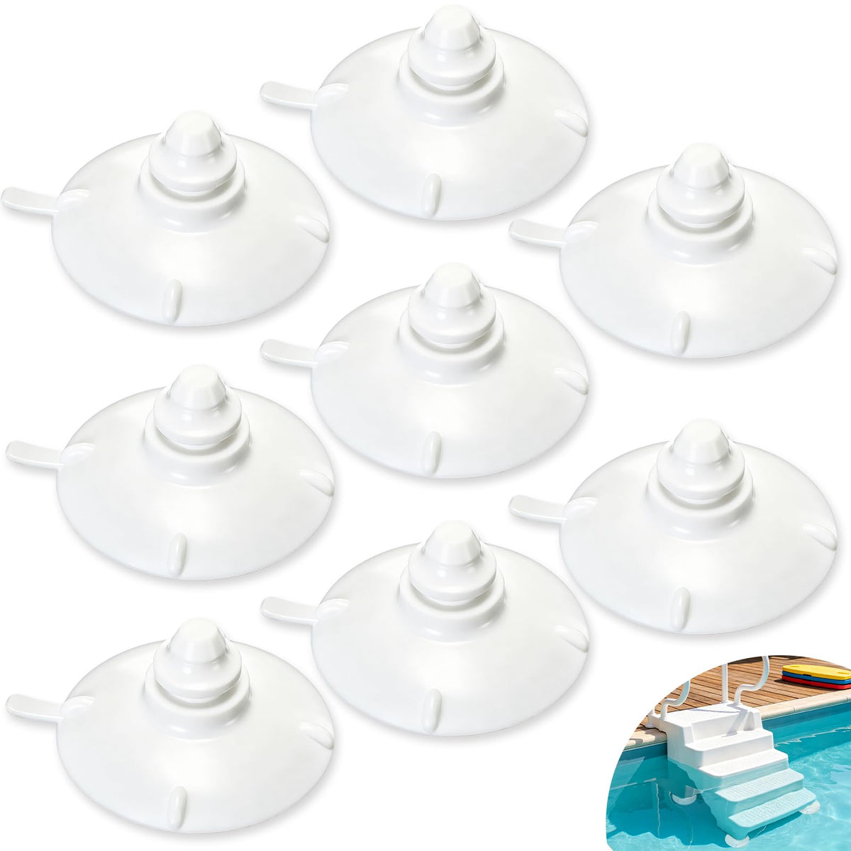 Innconee front view of eight white replacement suction cups showing fit and quantity benefit