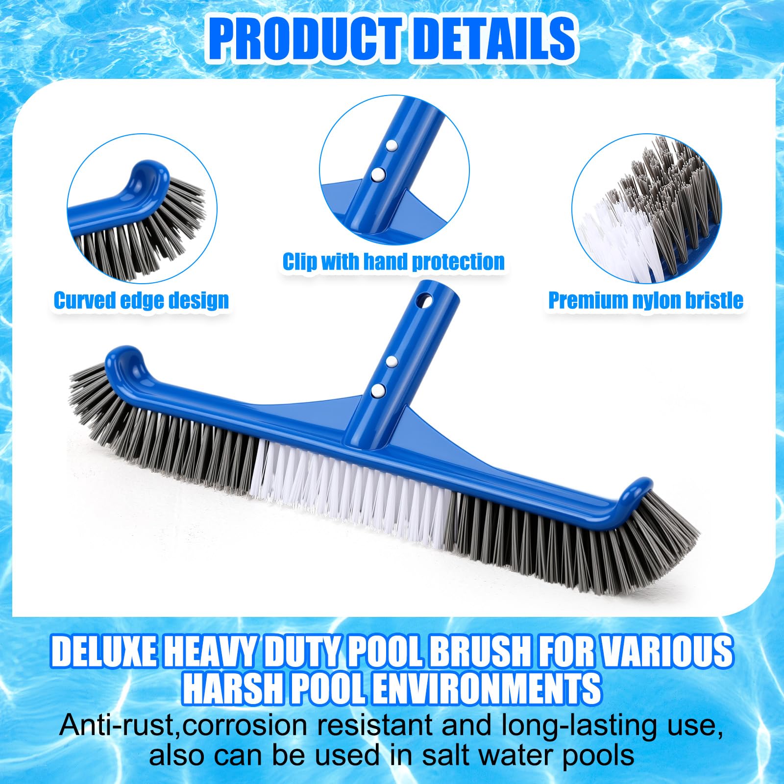 Innconee pool brush front view showing 14-inch bristles for wall and step scrubbing