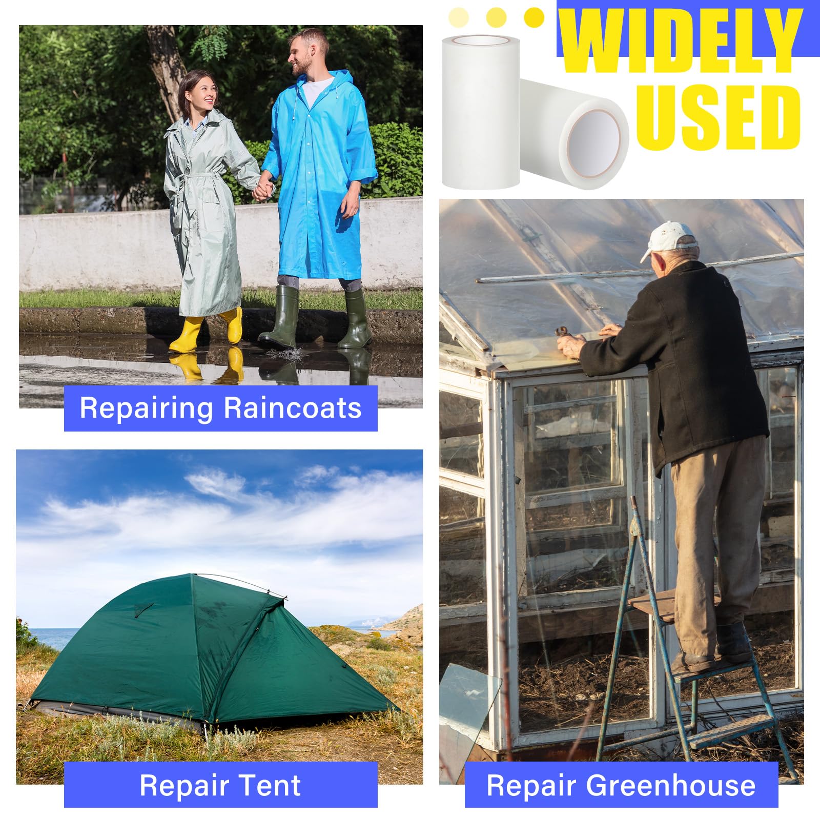 Innconee tape repairing an umbrella and raincoat showing versatile outdoor fixes