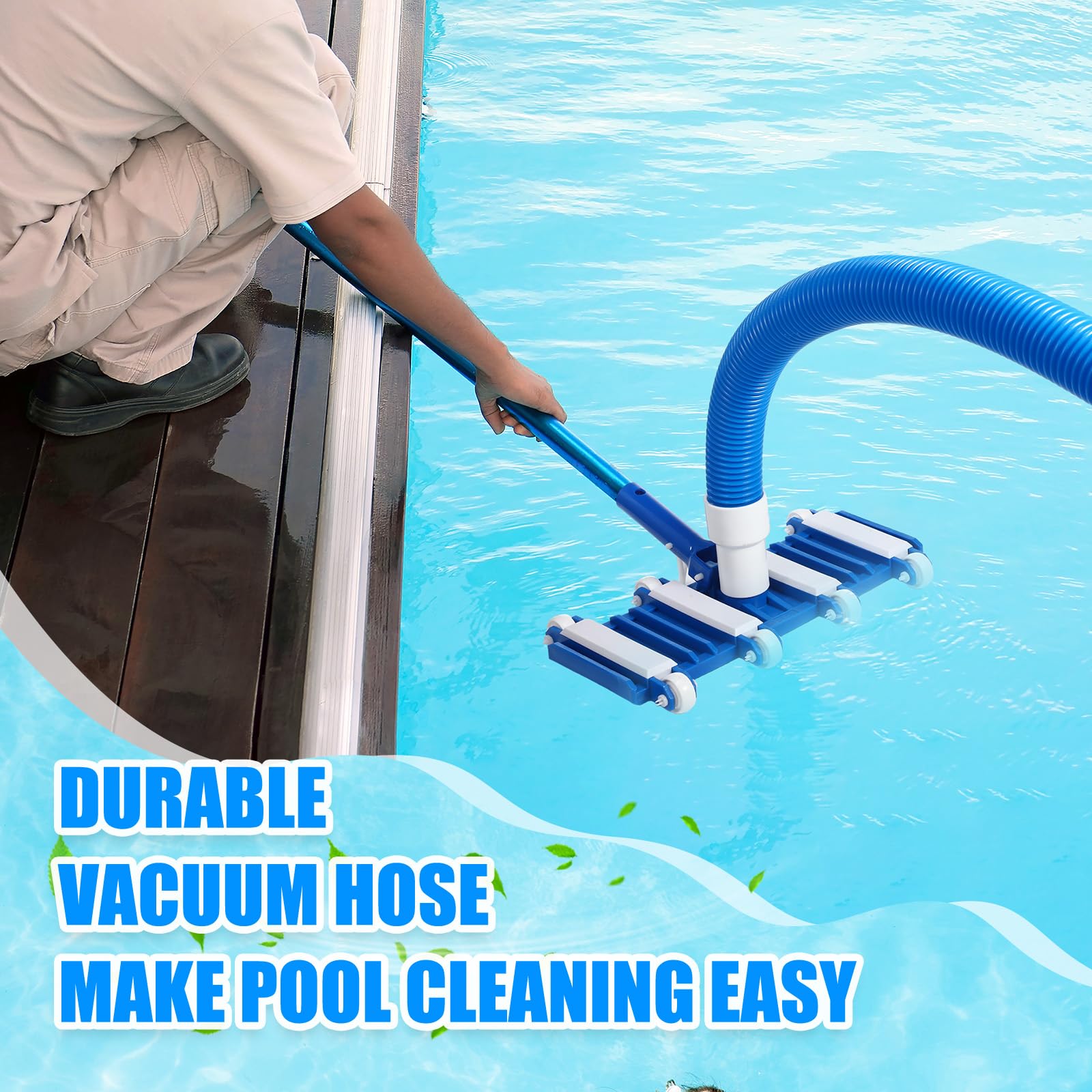 Innconee vacuum kit in use on pool floor showing debris pickup and easy manual control
